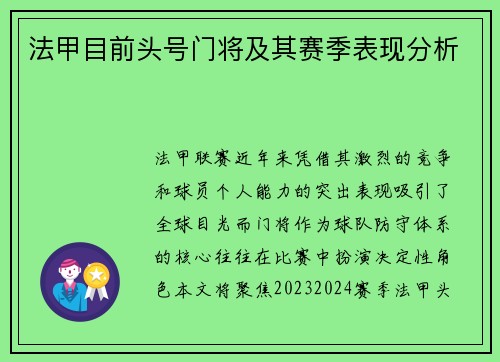 法甲目前头号门将及其赛季表现分析