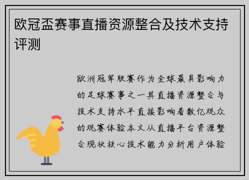欧冠盃赛事直播资源整合及技术支持评测