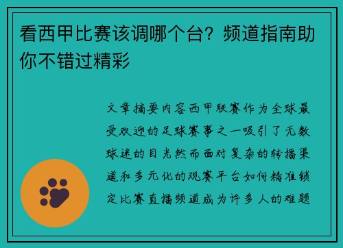 看西甲比赛该调哪个台？频道指南助你不错过精彩